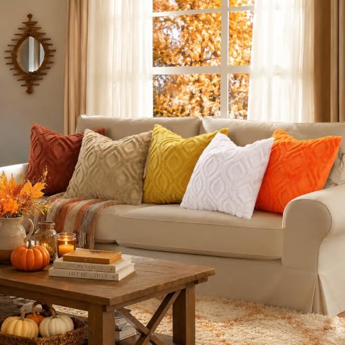 Image of decorUhome Fall Throw Pillow Covers 20x20 Inch Set of 2, Soft Plush Faux Wool Mustard Yellow Solid Couch Pillow Covers, Accent Farmhouse Neutral Square Pillow Cases for Sofa Bed Living Room