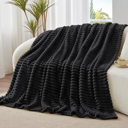 Image of BEDELITE Ribbed Twin Blanket for Couch & Bed, Black, 60 inchx80 inch