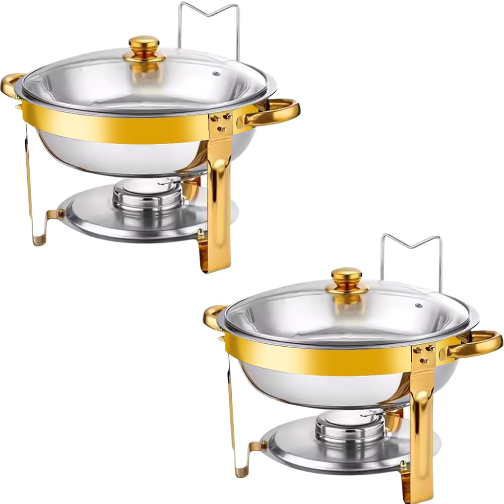 2 Pack 7 QT Chafing Dishes for Buffet - Round Chafing Dish Buffet Set with Shaffer Dish Warmers - Gold Chafers and Buffet Warmers Sets with Glass Lid & Lid Holder for Party, Wedding, Banquet, Events