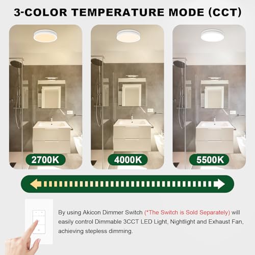 Ventilador Extractor de Baño Akicon con Luz, 80CFM, 2.0 Sones, Interruptor Dimmer, Luz LED 3CCT y Luz Nocturna, Certificado UL/HVI, Blanco miniatura 2