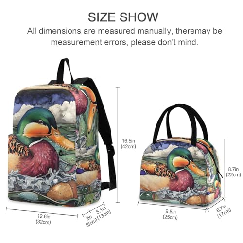 Backpack Lunch Box Set Large Capacity Travel Backpacks and Insulated Lunch Bag for Commute Hiking Picnic Wild Duck Print2