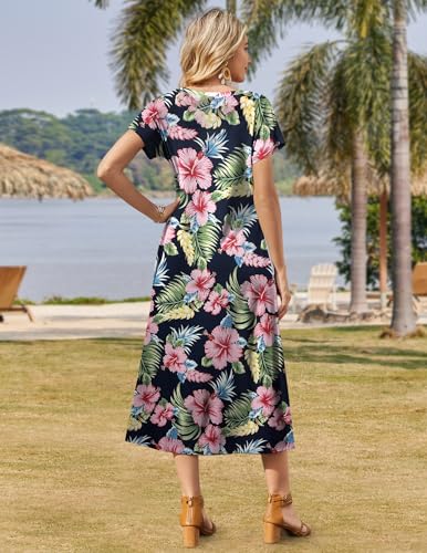 Image of Zeagoo Women Summer Floral Dress Short Sleeve Beach Dress with Pockets Casual V-Neck Split Long T-Shirt Dress Travel Vacation