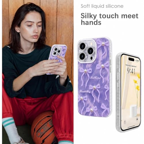 Image of VONZEE Compatible with iPhone 15 Pro Max 6.7'' Case Luxury Pink Girly Cute 3D Bow Pearl Glitter Bling Case with Full Camera Protection Shockproof PC+TPU Glossy Shiny Cover for Girls Women, Purple