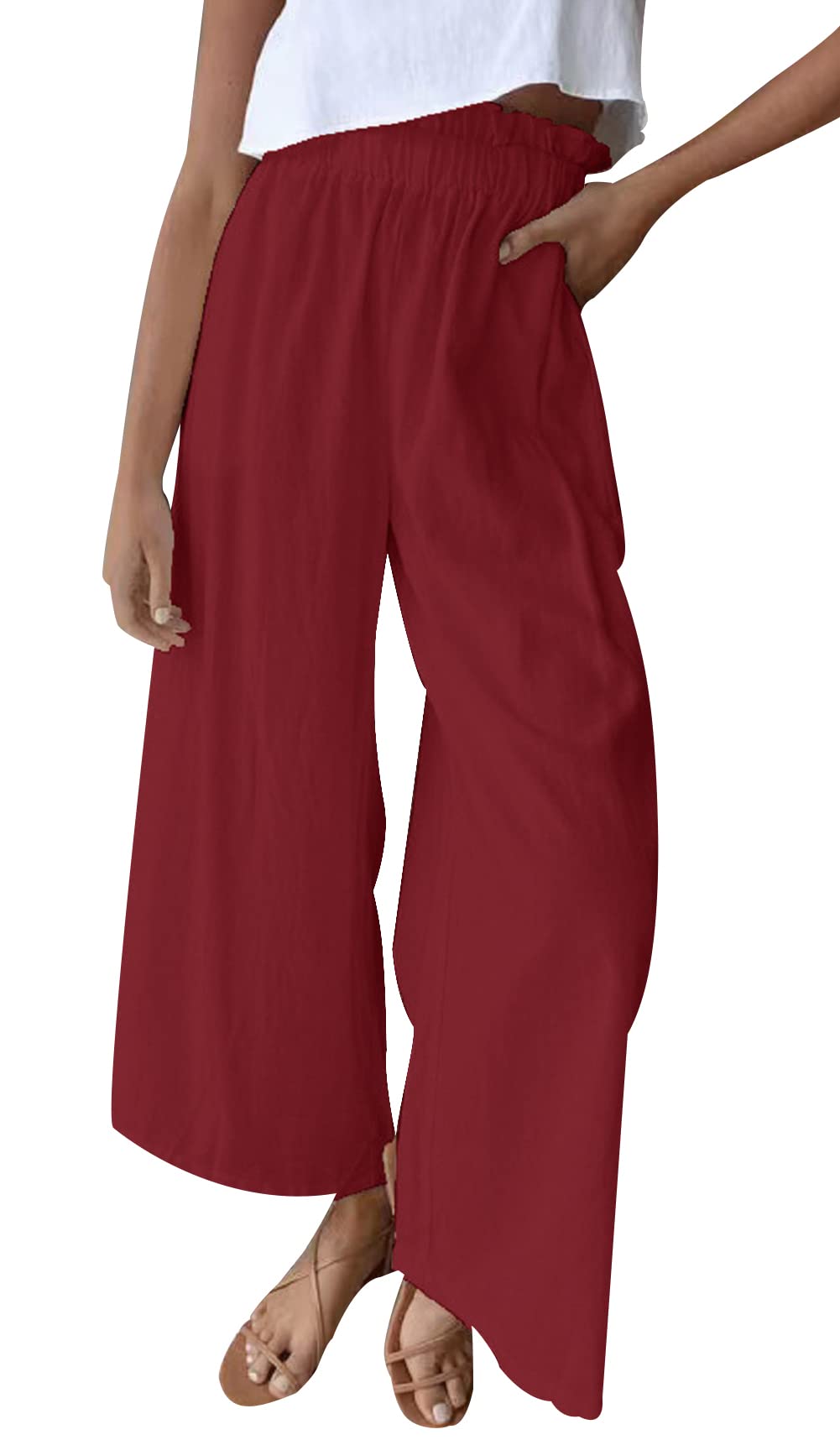 CHARTOU Womens Lightweight Pleat Ruffled High Waist Wide Leg Loose Fit Palazzo Pants