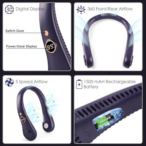 Image of Gesto Portable Neck Fan Rechargeable - Hands-Free Neck Fan for Summer With 1500 mAh Battery & Display | 5-Speed 360 Airflow, USB Charging Personal Fan for Home, Kitchen, Gym, Travel, Running - Blue