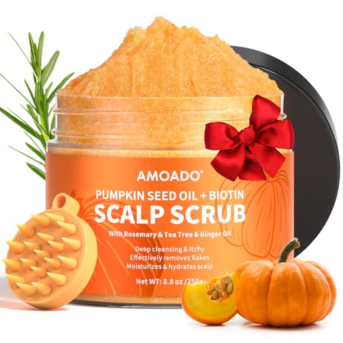 Scalp Scrub, Pumpkin Seed Oil Scalp Exfoliator With Biotin & Rosemary, Sulfate Free Scalp Detox for Itchy Scalp & Dandruff & Buildup Removal & Hair Growth, Hair Scrub with Scrubber