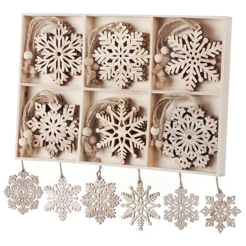 18Pcs Christmas Snowflakes Ornaments Wooden Tree Hanging Decorations Rustic Wood Crafts 3Inch Wooden Snowflakes 18Pcs