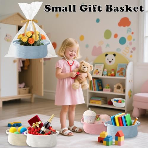 Image of Blue Woven Rope Basket - Baby Gift Basket with Bag & Ribbon
