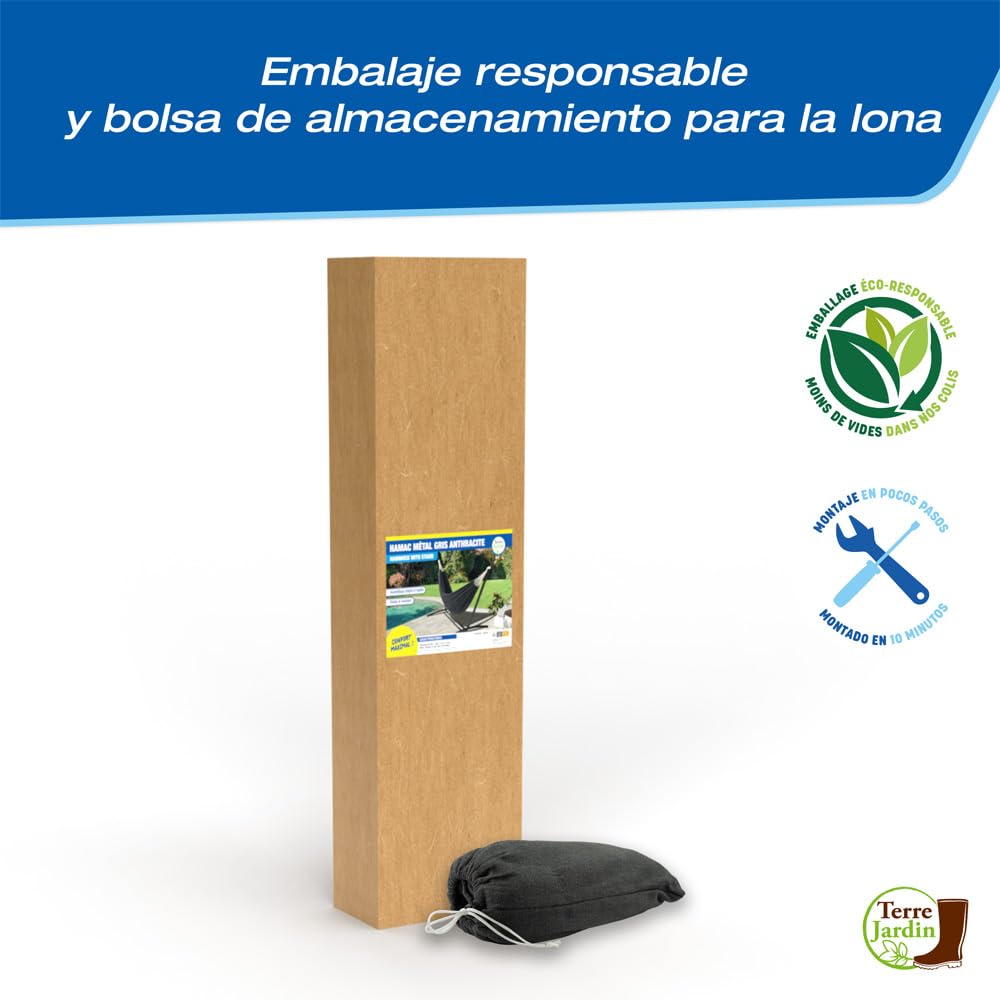 TERRE JARDIN - Hamaca con Soporte, de Metal, Carga Máx 130 kg - Hamaca con Soporte, Lona de Tela de Poliéster, Negra - Hamaca Colgante Jardín Balcón Exterior y Terraza - Resistente al Agua