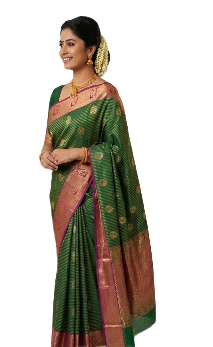 Women's Silk Saree Green with Pink Zari Border-picture-32