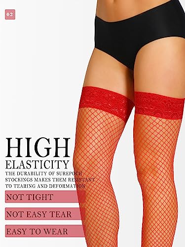 Image of SUREPOCH Lace Top Fishnet Thigh High Stockings Silicone Top Stay Up Tights for Women