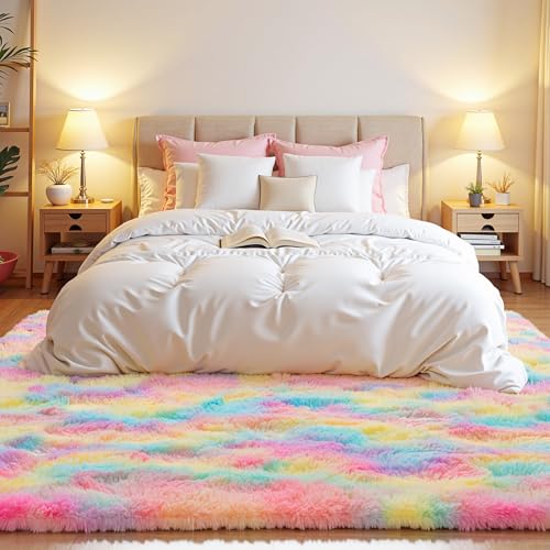 Zentavio Unicorn Rugs for Girls Room 8x10 Area Rugs for Living Room Carpet for Bedroom Washable Soft Fluffy Shag Aesthetic Plush High Pile Rug for Nursery Kids Room Dorm Room Rainbow