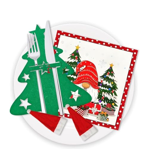 12 soportes para cubiertos de Navidad de fieltro, árbol de Navidad + 20 servilletas de Navidad + 2 mini gorros de Navidad, bolsa para cubiertos de Navidad, para mesa de fiesta, decoración de Navidad