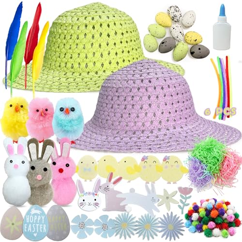 Edmirfun Kit De Decoración De Capó De Pascua,Juego De Capó De Pascua,Con Huevos De Pascua,Sombrero De Paja,Pollitos,Gorro De Pascua Para Niños,Manualidades Pascua Niños,Regalos De Pascua Niños