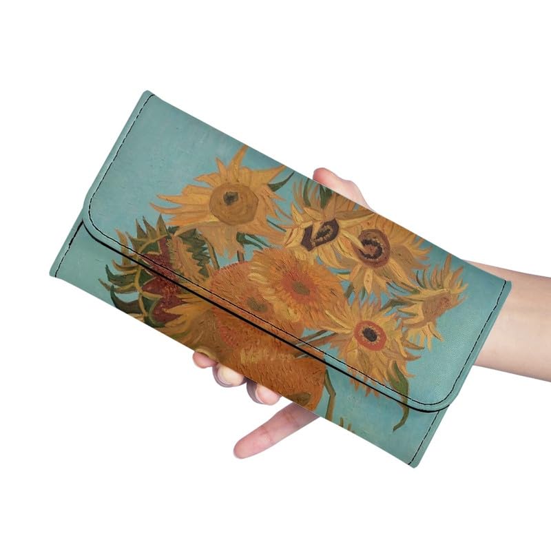 Sunflower Women's Clutch Wallet, Oil Painting Flowers PU Leather Large Capacity Trifold Wallet, Impressionism Art Long Slim Checkbook Wallet with ID Window3
