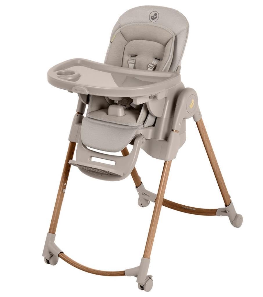 Maxi-Cosi Minla Plus, chaise haute évolutive de 0 à 14 ans (0–60 kg), avec plateau pivotant à une main, 4 roues, 9 hauteurs, 5 inclinaisons, pliable compact, Elegance Beige.