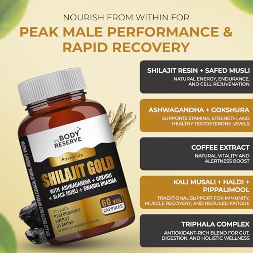 Image of The Body Reserve Shilajit Gold Capsules For Men Himalayan Shilajeet With 24 Carat Gold, Gokshura, Ashwagandha, Kali Musli & Other Herbs For Stamina, Muscle Growth & Energy Ayurvedic 60 Veg Capsules