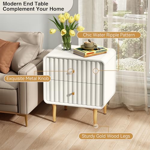 Image of HLR Modern Nightstand, Fluted Bedside Table with 2 Drawers Storage, White