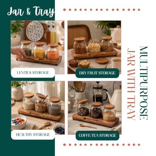 Image of Savor Storage Jar Set - Glass & Acacia Wood with Tray - Multipurpose Storage for Kitchen & Decor (Set of 3)