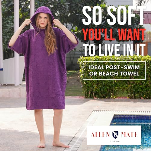 Image of ALLEN & MATE 100% Cotton Hooded Surf Poncho Changing Robe - Quick Absorbent Changing Towel with Pocket for Surfing Men Women