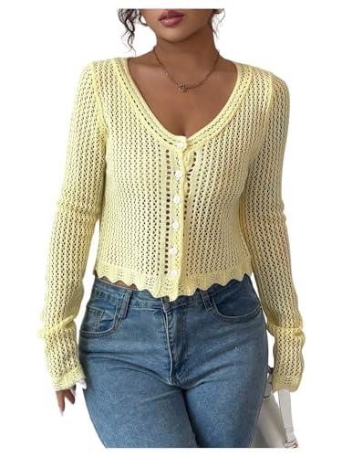 OYOANGLE Women's Hollow Out Crochet Cropped Cardigans Long Sleeve V Neck Button Down Knit Tops