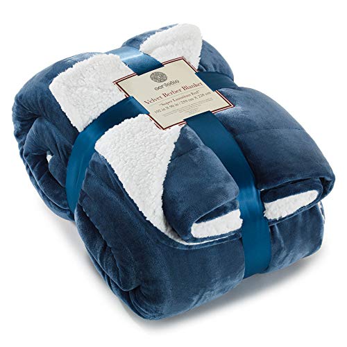 Genteele Sherpa Throw Blanket Super Soft Reversible Ultra Luxurious Plush Blanket, 102 x 90 inches, Navy/White