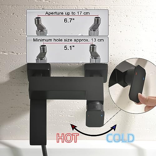 Grifo de bañera de montaje en pared con ducha de mano de 3 funciones | Grifería para bañera cuadrada de acabado negro mate con rociador portátil y grifo plegable alargado miniatura 4