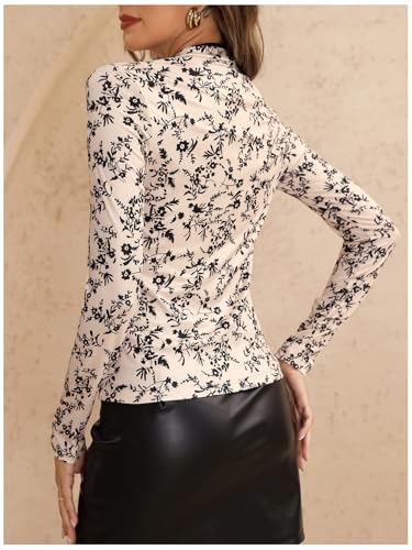 MakeMeChic Women's Floral Print Ribbed Knit Cheongsam Top Mock Neck Long Sleeve Tee Shirts2