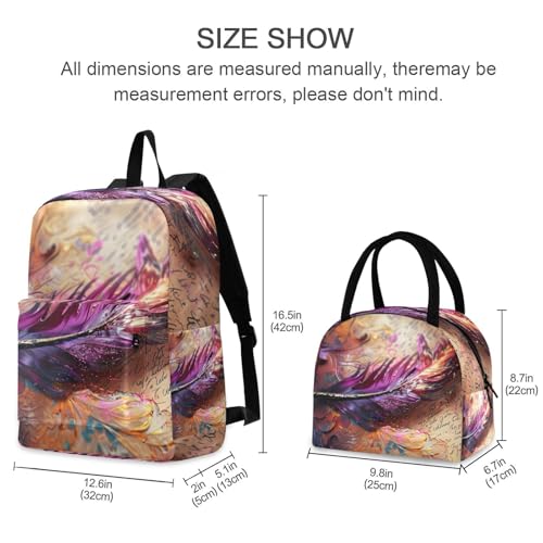 Backpack Lunch Bag Set Purple Feather Print, Big Storage Travel Backpacks with Insulated Lunch Box for Office Hiking Picnic2