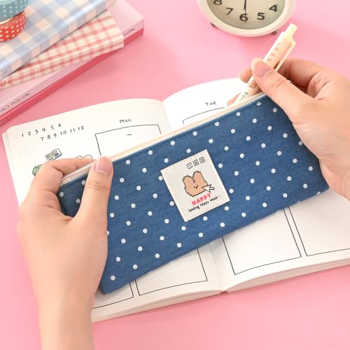 Image of Monolike Happy and Lucky Denim Dot pen case, Blue - Slim Corduroy Style Cotton Pen Pouch, Cute Aesthetic Pastel Stationery Organizer for Office