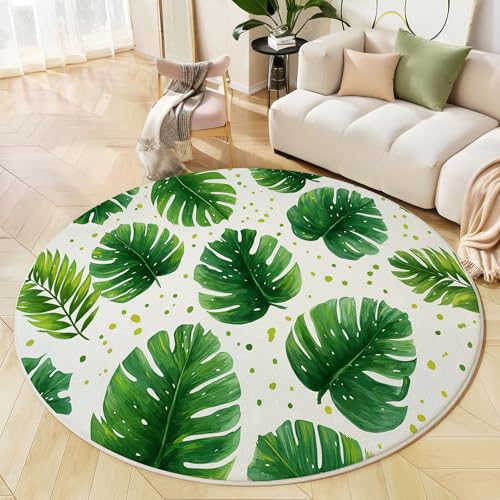 Alfombra Redonda Acuarela Plantas Tropicales, Alfombra Verde Pelo Corto Suave, Alfombras Estampado Monstera Deliciosa Hojas De Palma Antideslizante fácil de cuidar, para Dormitorio Salón Halls 120cm