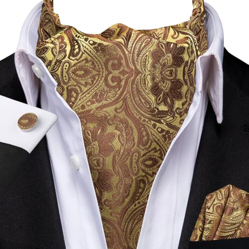 Image of Hi-Tie Silk Ascot for Men Self Tie Men's Cravat and Flower Lapel Pin Handkerchief Cufflinks Set for Wedding Party
