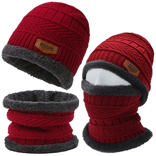 Axinyijia Ensemble Bonnet Tour de Cou Homme Hiver, Bonnet d'hiver Doublés de Polaire et Cache Cou Homme, Chapeau et Écharpe à Boucle pour Hommes (rouge)