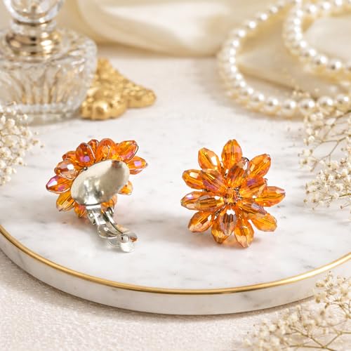 Aros Clip-On Naranja con Flor Crisantemo y Cristal miniatura 5