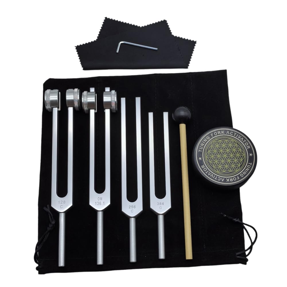 omocatch Tuning Forks for Healing Set 128Hz 136Hz 256Hz 384Hz with Hockey Puck Activator for Sound Therapy & Balance