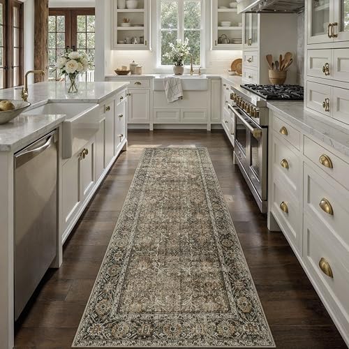 PureCozy Brown Runner Rug 3x8 Vintage Area Carpet Hallway Long Indoor Kitchen Washable Living Room Low Pile Traditional Distressed Retro Accent Throw Rug Non Slip Laundry Bathroom Office Dining Room