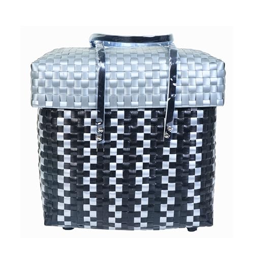 Image of Hand Made Multipurpose Plastic Basket with Lid | Eco-Friendly, Washable, Rust-Free Storage Basket for Kitchen, Picnic, Toys, Travel, Office | Lightweight basket (SILVER BLACK, Extra Large)