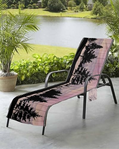 Pink Forest Elk Beach Chair Towel Covers for Chaise Lounge with Side Pocket, Soft Plush Pool Towels Cover for Patio Sunbathing Outdoor 29''x85'' Cabin Purple Mountain Lodge Wood Grain