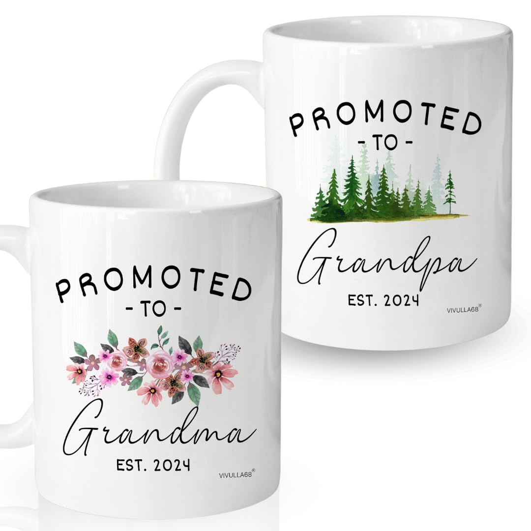 Vivulla68 Promoted To Grandparents Grandma And Grandpa 2024 Mugs, Pregnancy Announcement For Grandparents Mug Set, Grandma And Grandpa Announcement Gifts, Grandparents Baby Announcement Christmas Gift
