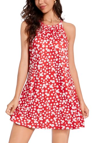 Image of ANYFITTING Summer Dress with Built in Bra Casual Beach Sundress Flowy Halter Mini Short Dresses for Women 2026