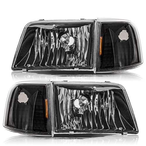 Aosky Headlights Assembly Set Fit for 1993 1994 1995 1996 1997 Ford Ranger with Corner Light 4pcs Black Housing with Amber Reflector