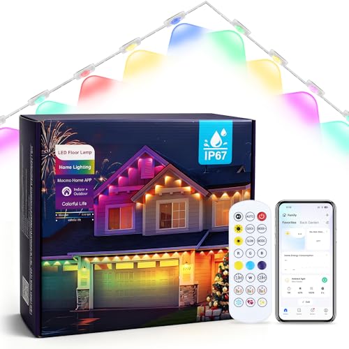 Image of 247FT WiFi Compatible Outdoor Lights, Permanent RGB 90LEDs IP67 Waterproof, App and Remote Control Color Changing Eave Lights for Holiday, Christmas, Party, Garden Decor