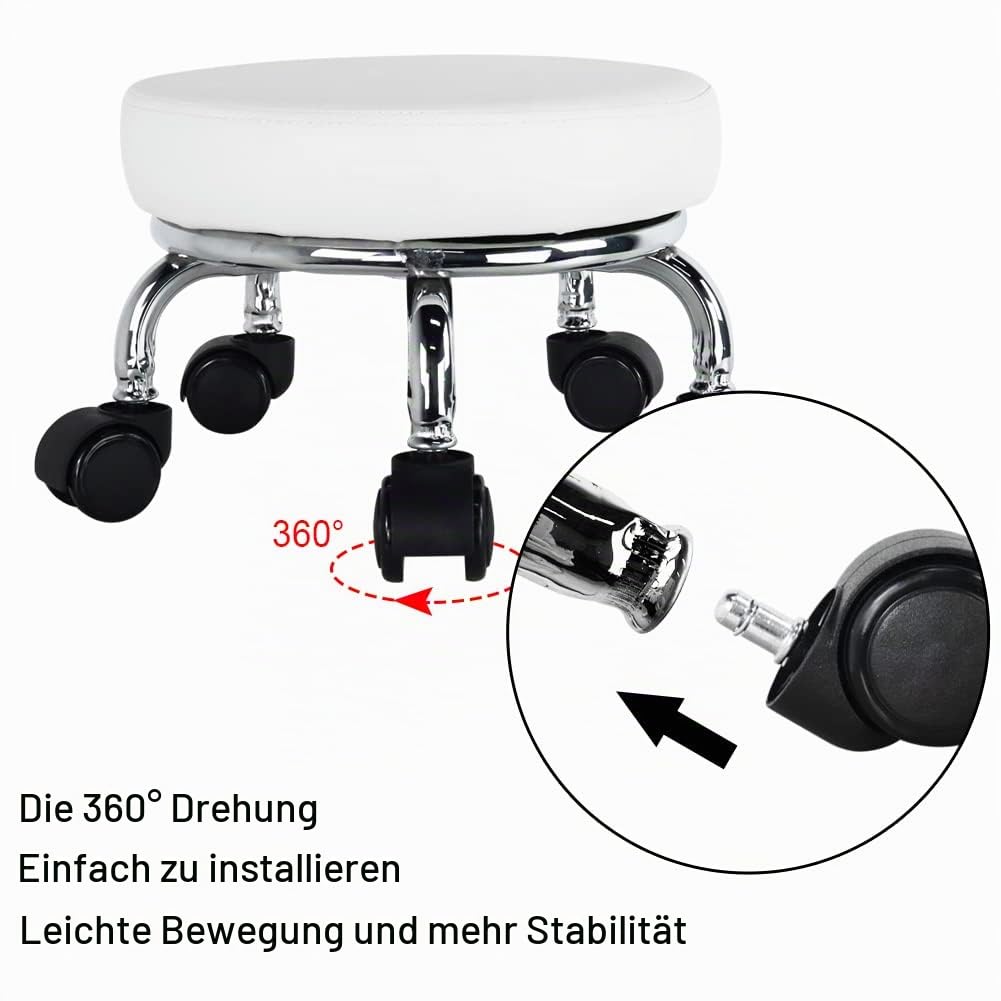 WKWKER Rollsitz PU Leder Low Round Rollhocker Kleiner Hocker mit Universal Drehrollen Rollen für Home Office Garage Shop Fitness Sport, H: 21.8cm (Weiß)