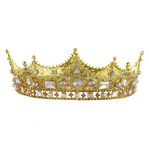 FUMUD Baroque Vintage Black Rhinestone Beads Round Big Crown Wedding Hair Accessories Luxury Crystal Queen King Crowns Bridal Tiaras (Gold)