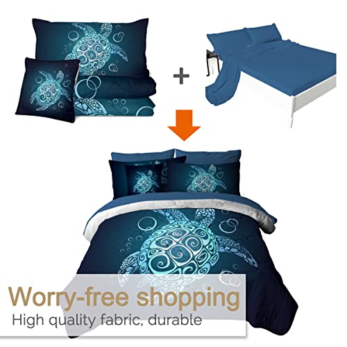 BlessLiving Turtle Comforter Set Sea Turtle Bedding Teal Turquoise Queen Size Bed-in-A-Bag 8-Piece Beach Coastal Turtle Comforter Set with Sheets, Shams, Decorative Pillow (Queen) - Image 5