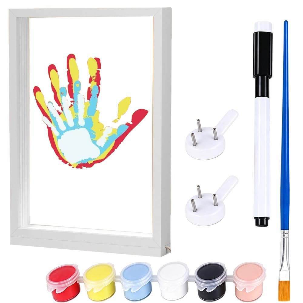Kit d'Empreintes Familiales avec Veilleuse LED et Pigments - Cadre en Bois pour Bébé, Couples - Cadeau Personnalisé (Blanc)