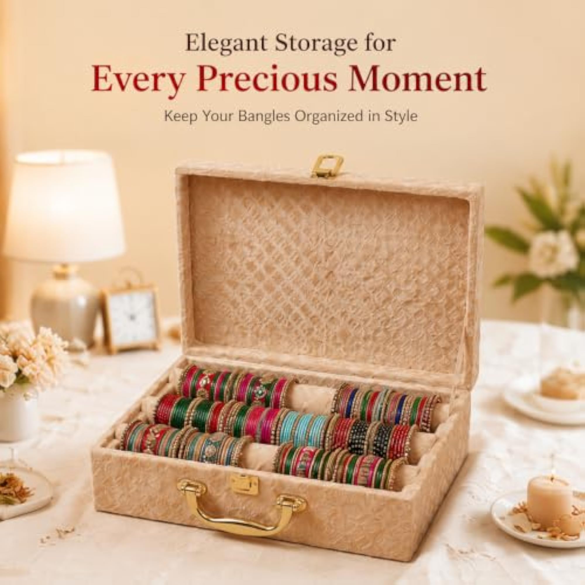 Beige Velvet Bangle Organizer Box with Handle & Lock