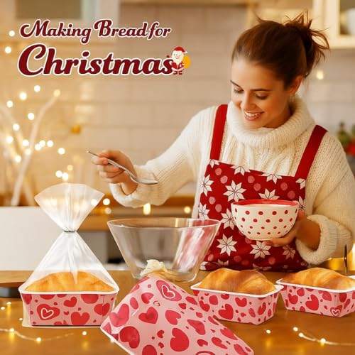 Image of Loaf Pans, Plumpy Disposable Loaf Bread Pan, Bread Pans for Baking Molds with Festive Snowflake and Christmas Designs, for Cakes and Treats (Red Heart, Pack of 10)