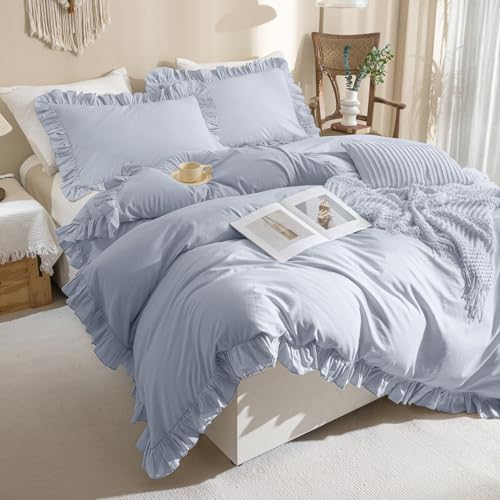 Sanracie Cotton Queen Size Comforter Sets, 3Pcs Ruffled Bed Comforter