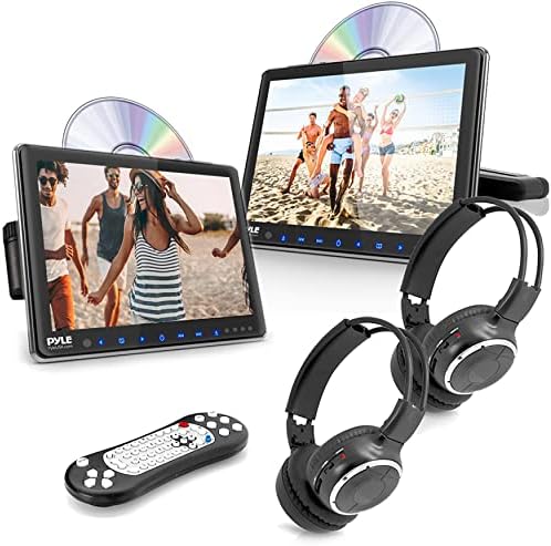 Universal Dual Vehicle Headrest Monitor - 10.5” Multimedia CD and DVD Player Audio Entertainment w/ Stereo Speaker, HDMI, LCD Screen, Mount and Wireless Headphones for Car Seat - Pyle PLHRDVD108KT